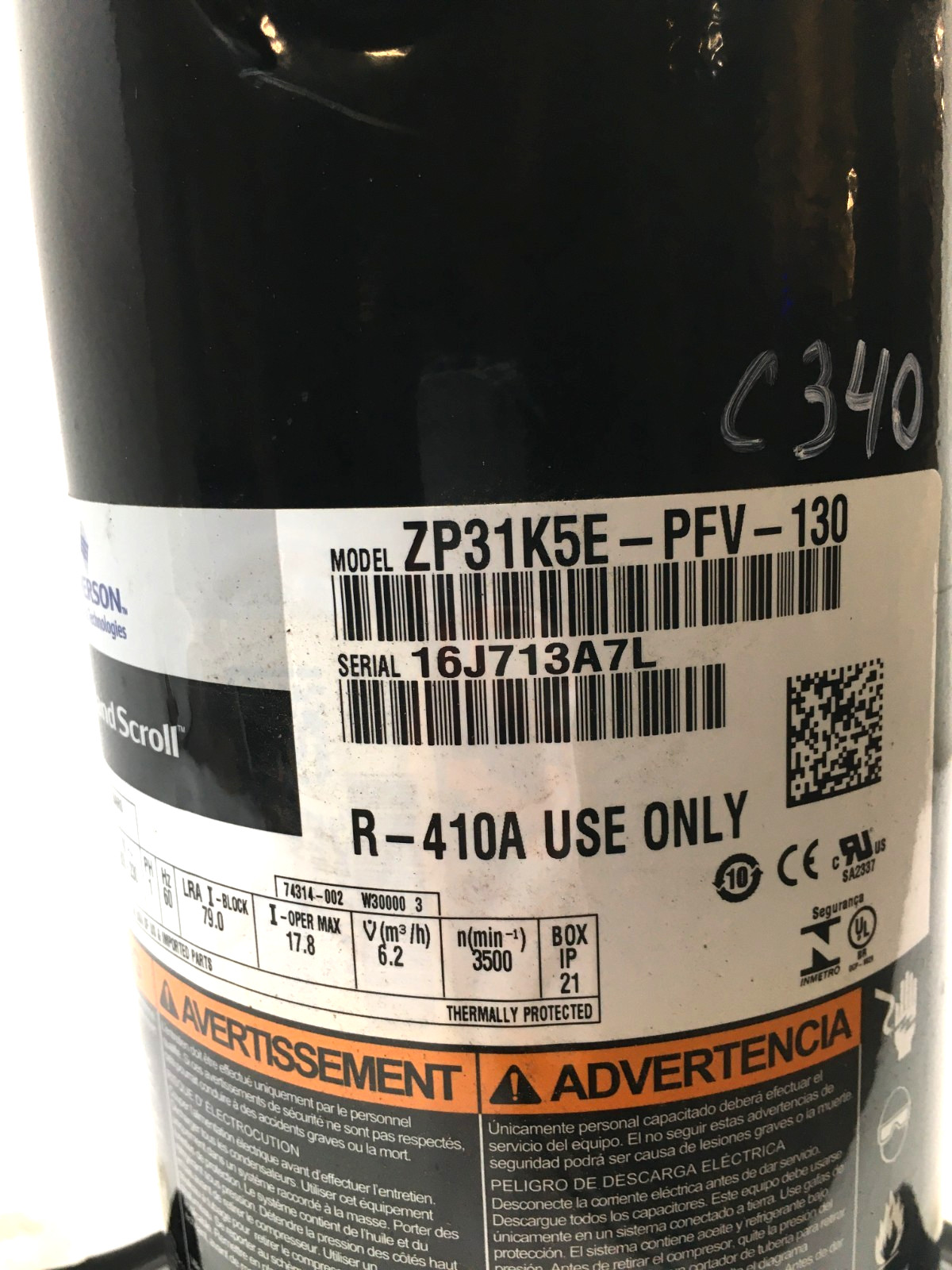 Copeland 2.5 Ton Scroll Compressor ZP31K5E-PFV-130 R410A 208/230V 1 PH used C340