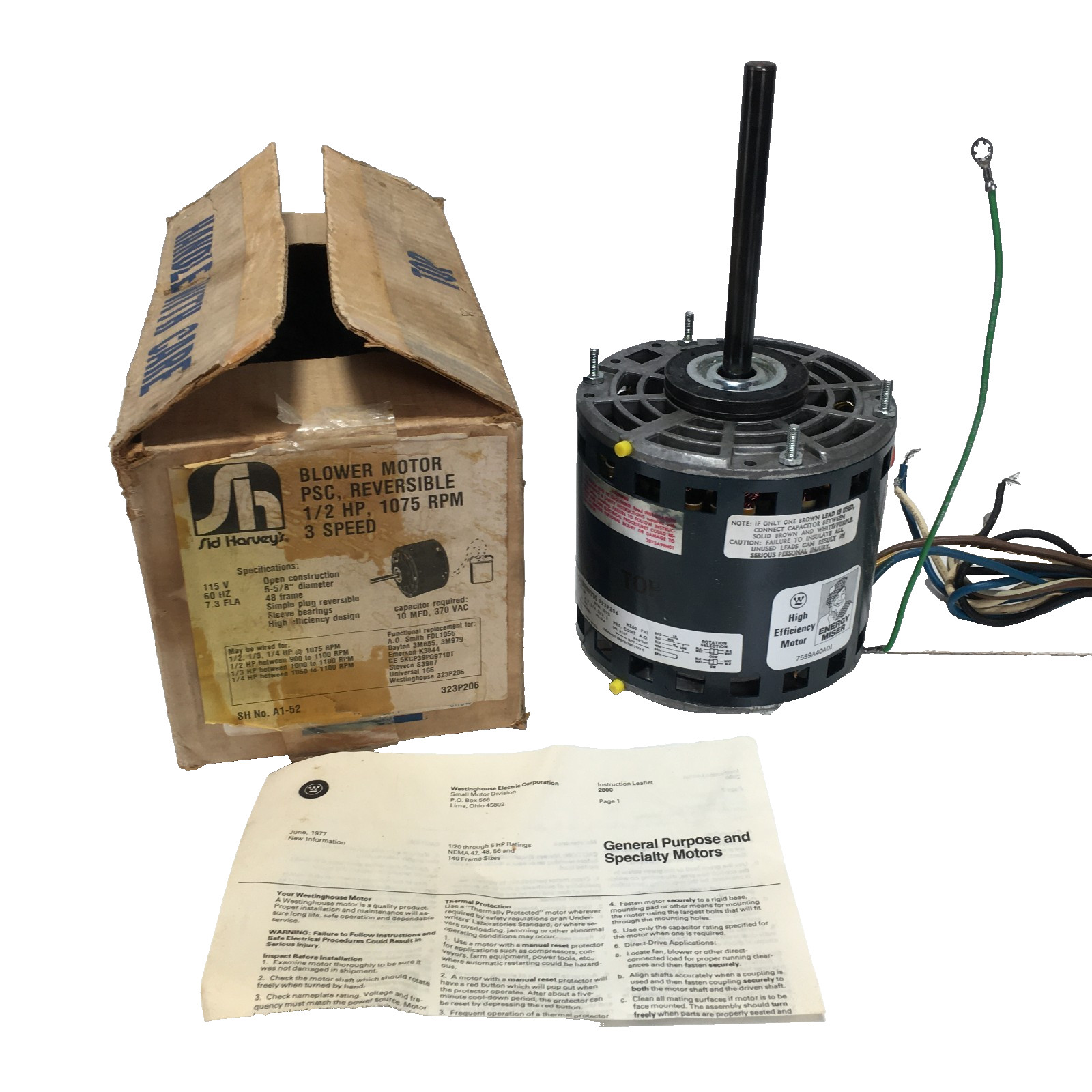 Sid Harvey A.O. Smith 323P206 Blower Motor 3 Spd 1/2HP 1075RPM 115V 7.3 A