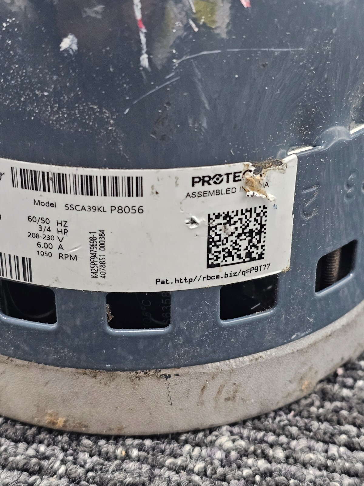 Genteq Blower Motor Class B 51-108729-00 1 PH 60/50Hz 3/4 HP 208-230V 6.00A