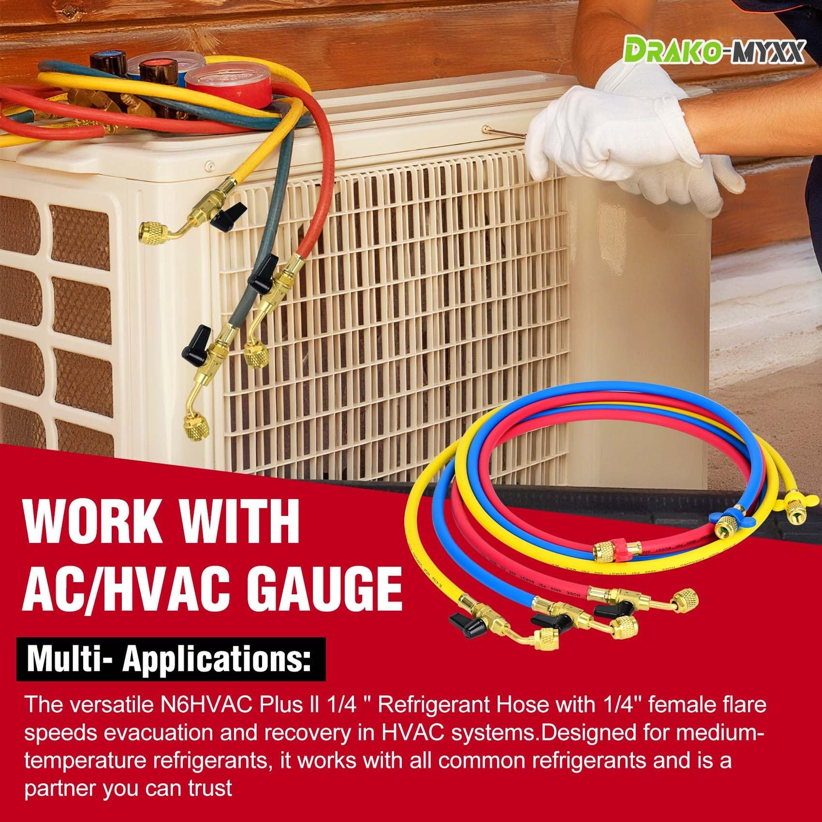 Upgrade N6HVAC Refrigerant Hoses, 1/4″ HVAC Hose 72 inches, Yellow/Red/Blue