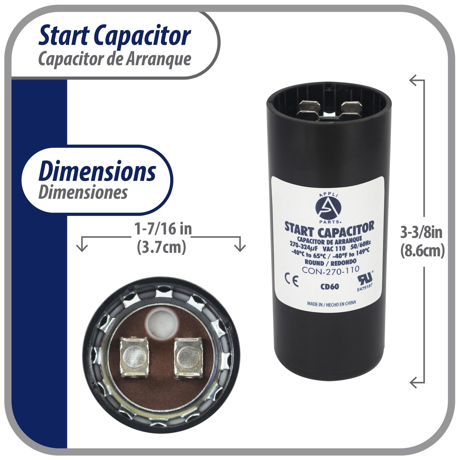 Appli Parts CON-270-110 Motor Start Capacitor 270-324 MFD uF, 110-125 VAC. Unive