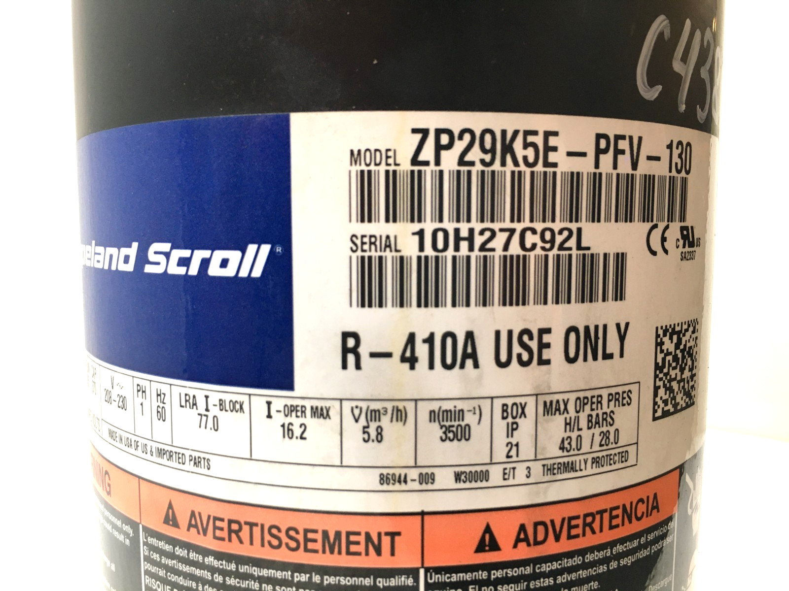Copeland 2.5 Ton Scroll Compressor ZP29K5E-PFV-130 R410A 208/230V 1 PH used C438