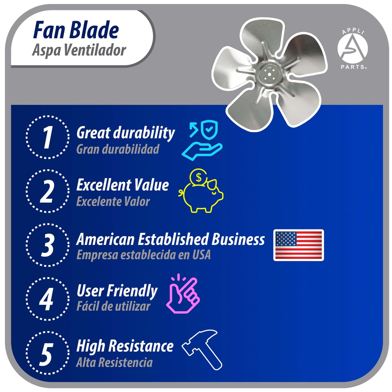 Appli Parts APFB-A09CCW Aluminum Fan Blade 9 in, 230 mm, CCW, 22 degrees, hubles