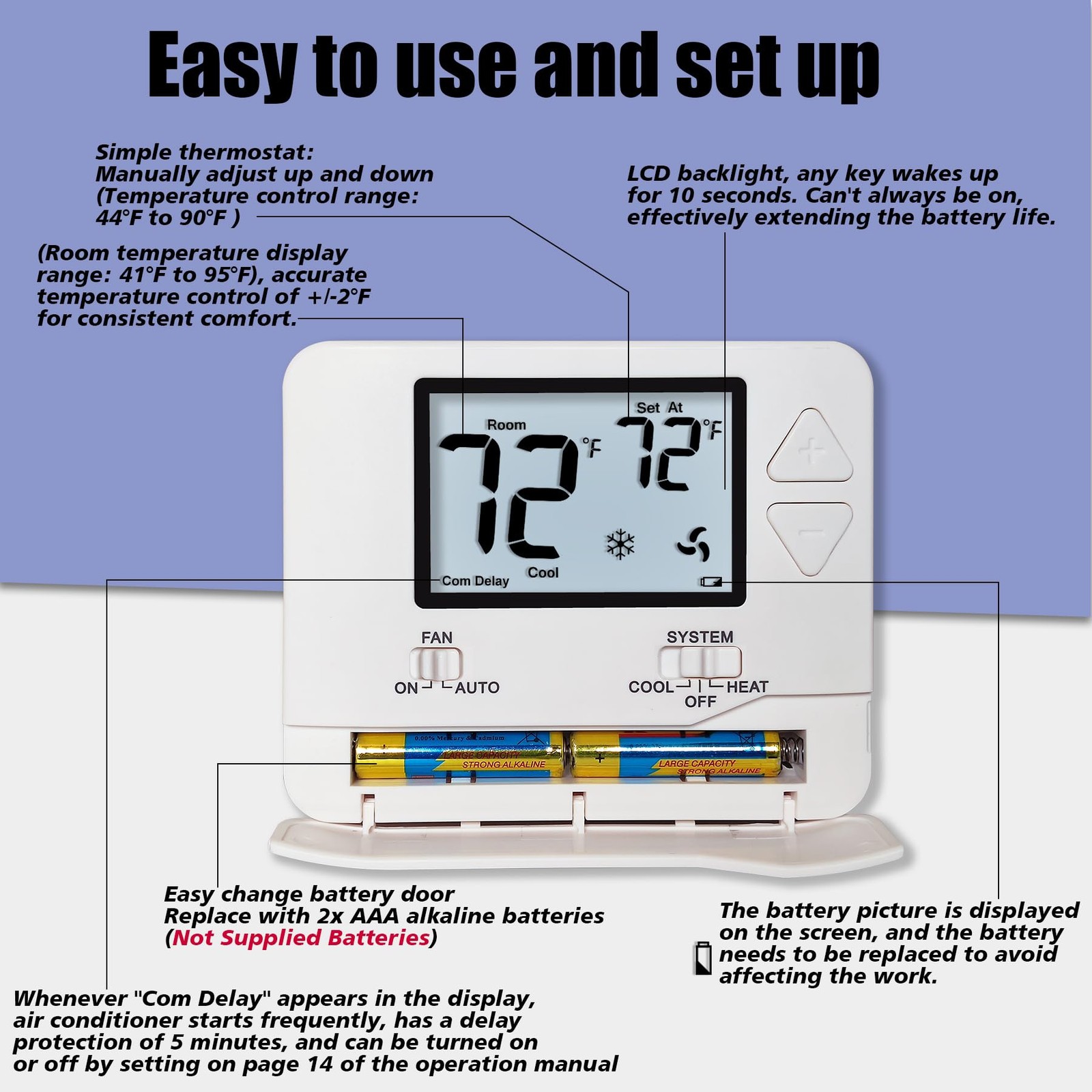 Heagstat Non-Programmable Thermostats for Home Conventional White Backlight