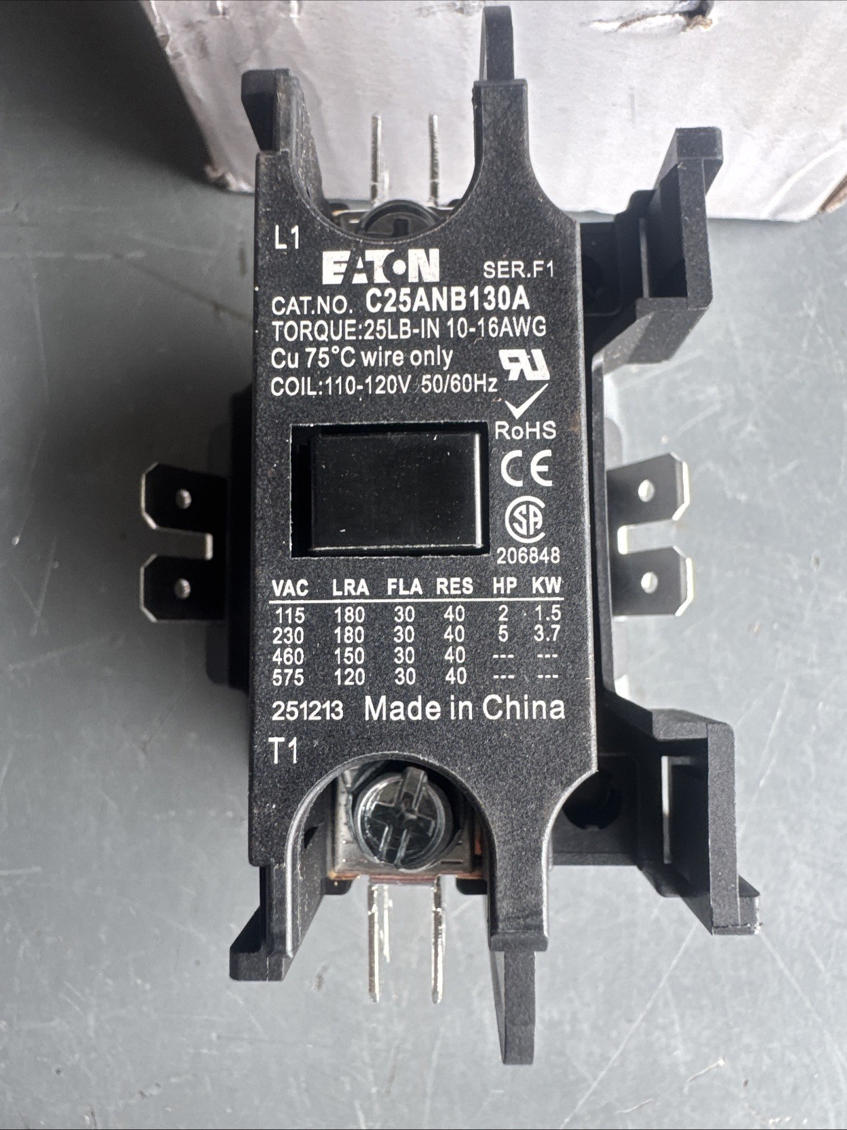 C25ANB130A Eaton / Cutler Hammer Contactor – 30 Amp / 1 Pole / 110/120V Coil
