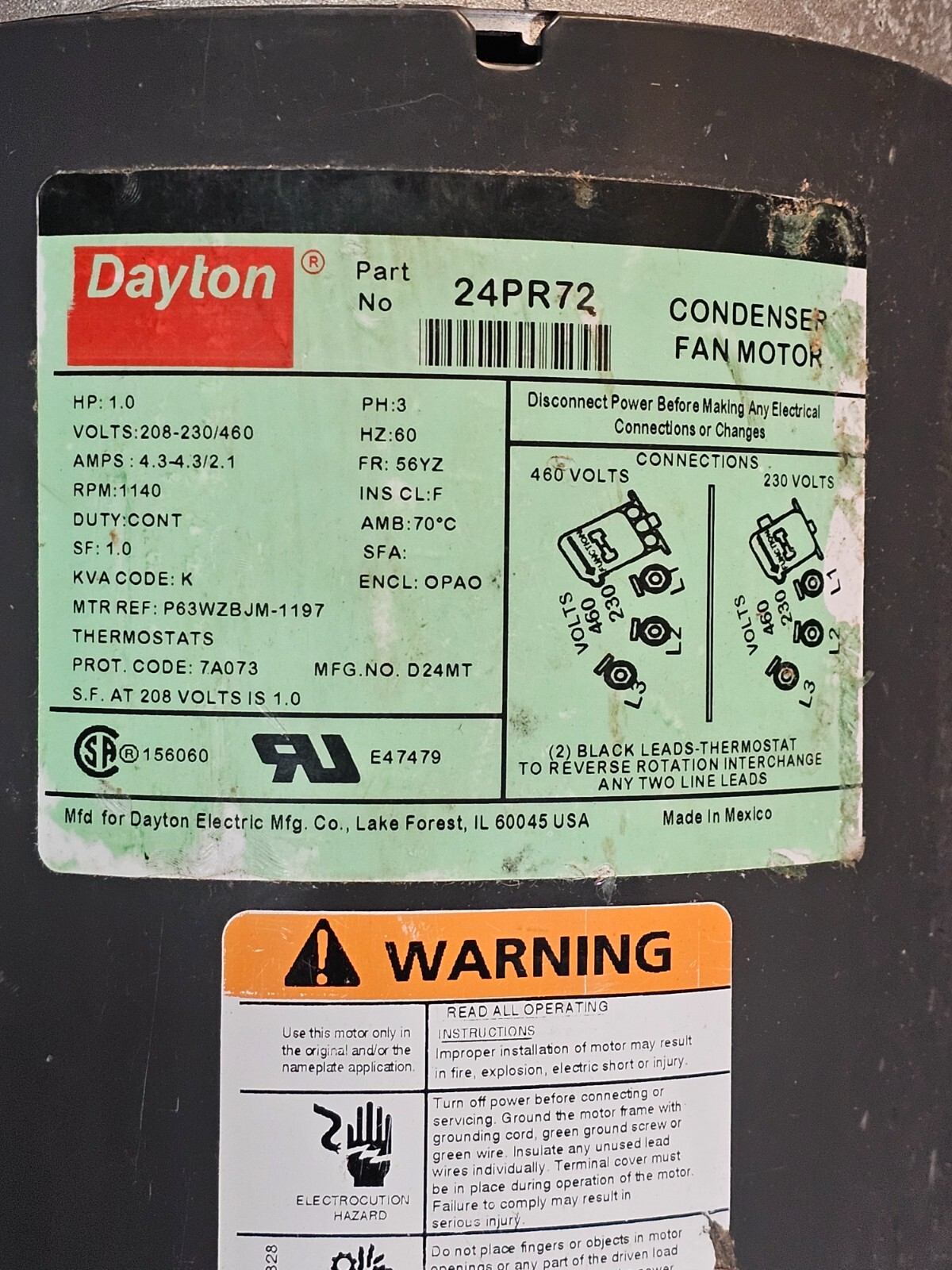Dayton 24PR72 Condenser Fan Motor, 1 HP, 1140 rpm, 60 Hz 1 Speed, T-Stat 3 Phase