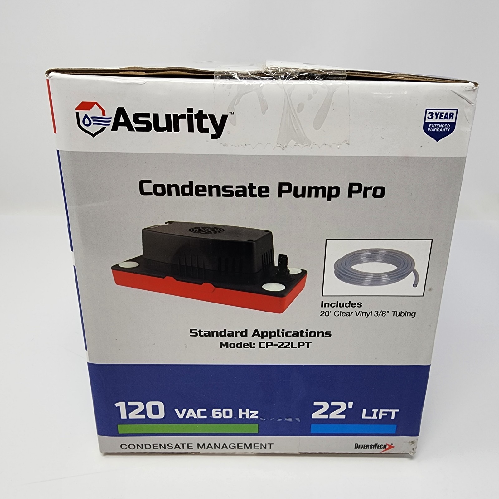 Asurity Condensate Pump Pro CP-22LPT 120 VAC 60Hz 22ft Lift Black Plastic HVAC