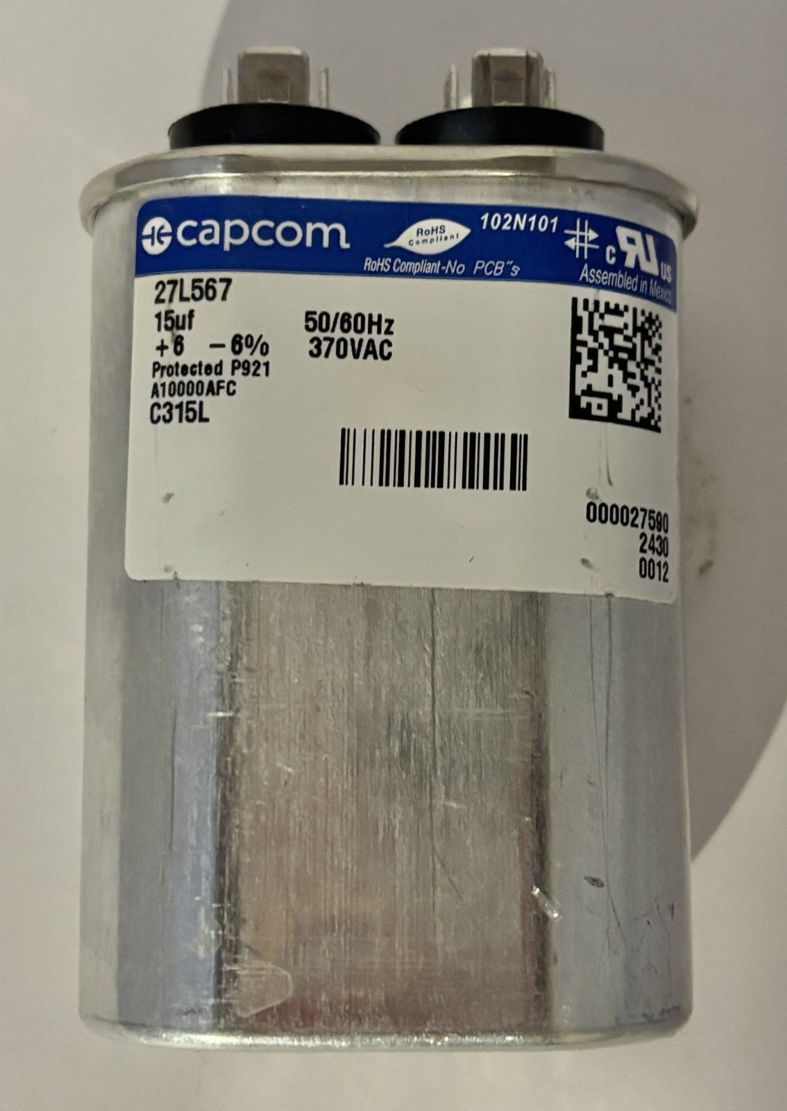 Capcom 15 MFD x 370 Run Capacitor # 27L567
