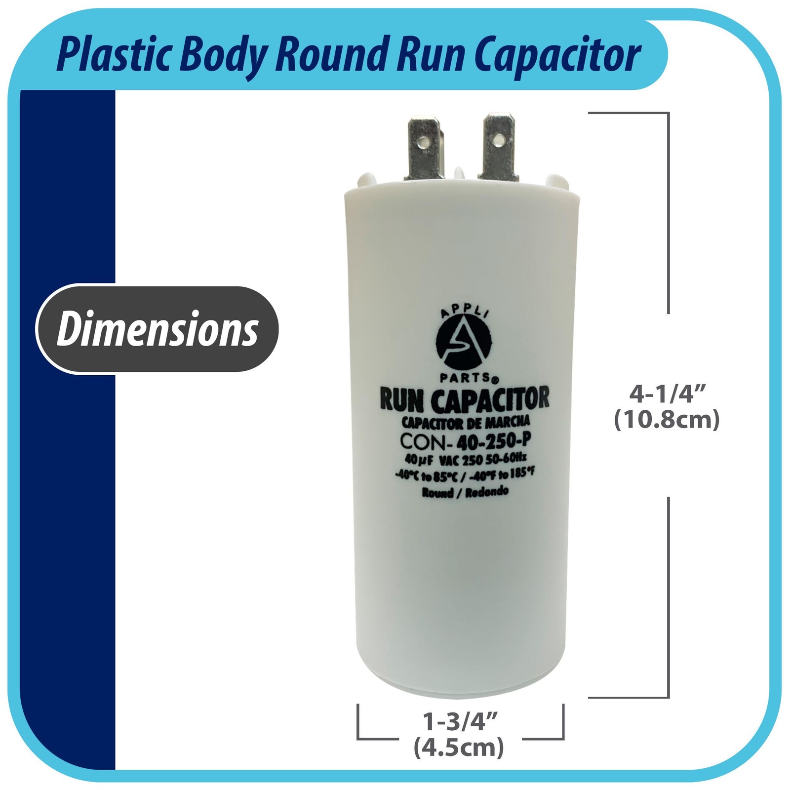 Appli Parts Run Capacitor for electric motors 40 Mfd uF (microfarads) 250VAC Pla