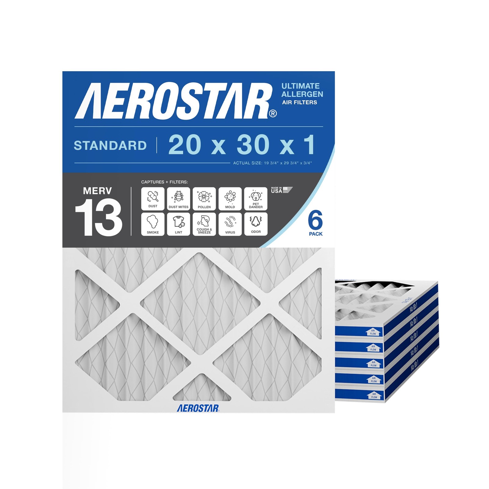 Aerostar 20x30x1 MERV 13 Air Filter, 6 Count, ACTUAL SIZE 6 PACK, 13