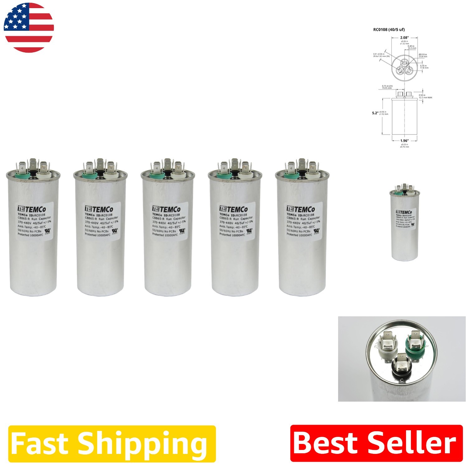 TEMCo 40+5 uF Dual Run Capacitor 5 Pack 440V