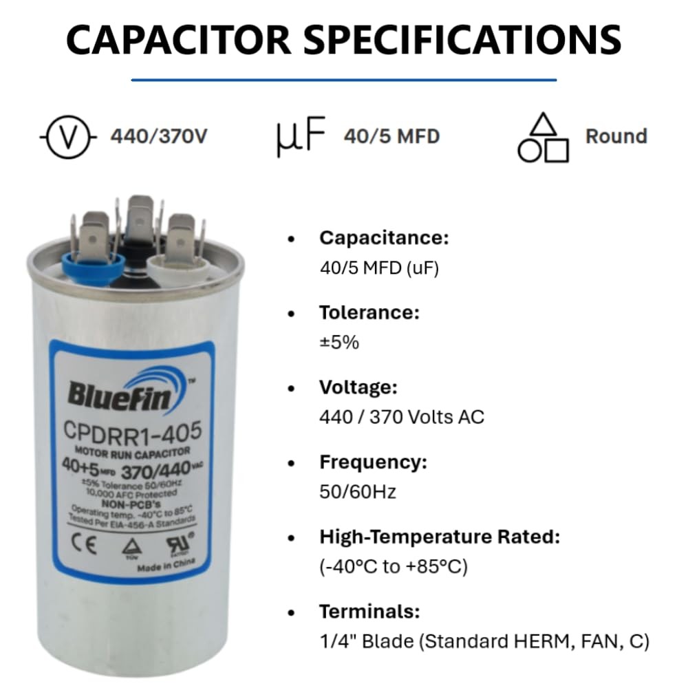 AC Capacitor 40/5 MFD 370/440V Kit | Round Dual Run for HVAC Air