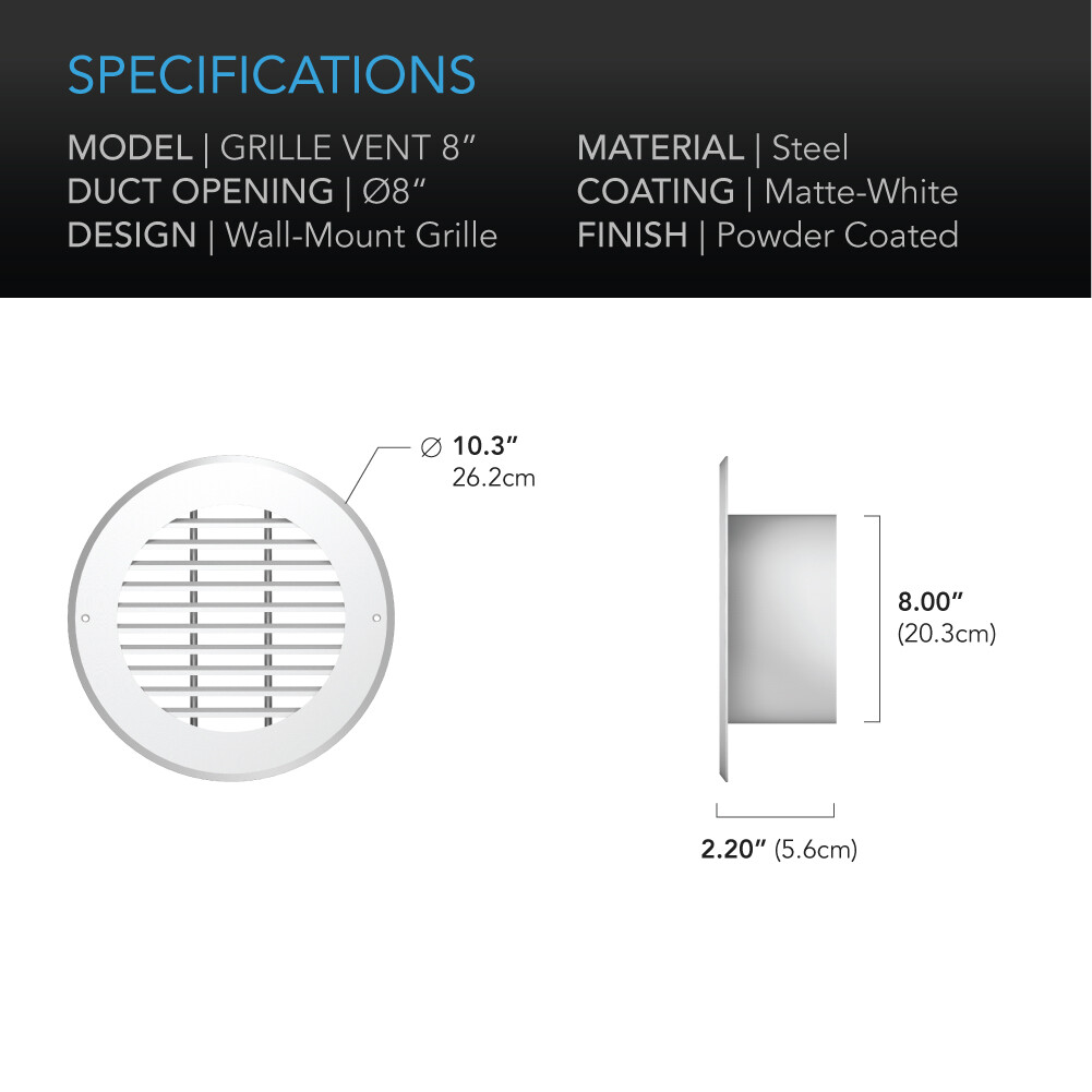 Wall-Mount Duct Grille Vent for Heating Cooling Ventilation, White Steel, 8-Inch