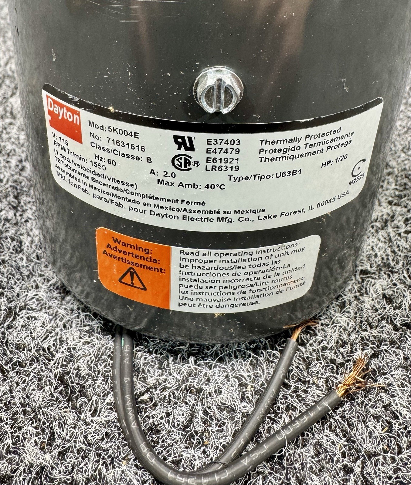 DAYTON 71631616M HVAC Motor 115V, TEFC, 1/20 hp, 1550 rpm, 5K004