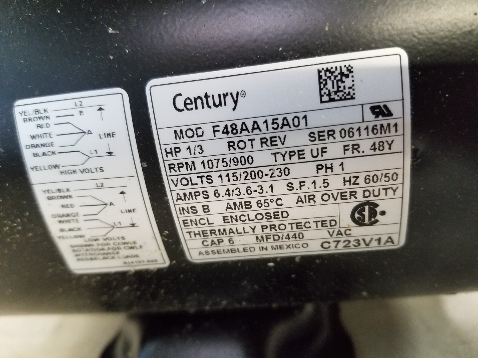 Century C723V1A Fan Motor, 1/3 HP, 1075 RPM, 48Y Frame