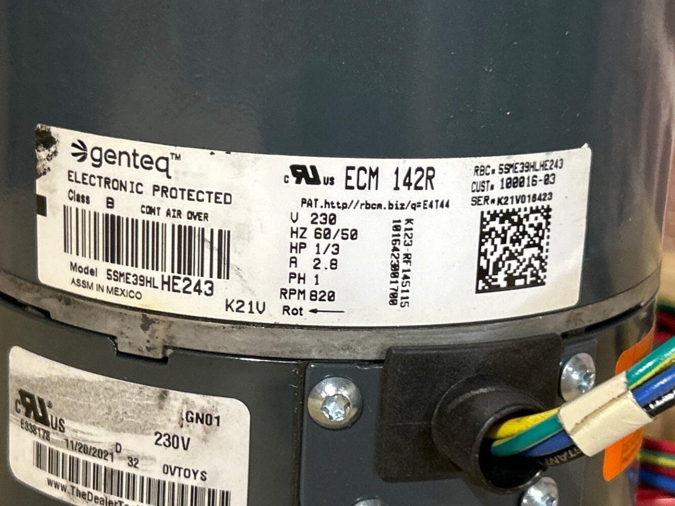 Genteq 5SME39HLHE243 1/3 HP Condenser Fan Motor 230/60/1 820 Rpm 3 Speed 223364