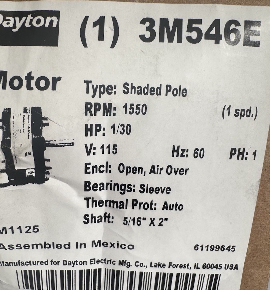 Dayton Blower Motor 3M546E RPM 1450, HP 1/30, V 115 HVAC New