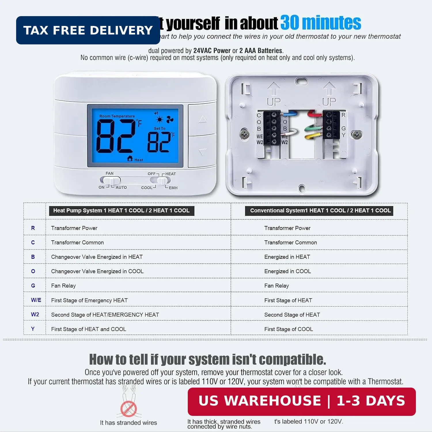 Thermostat Non Programmable Heat Pump Thermostat for House 2H/1C, with Large LCD