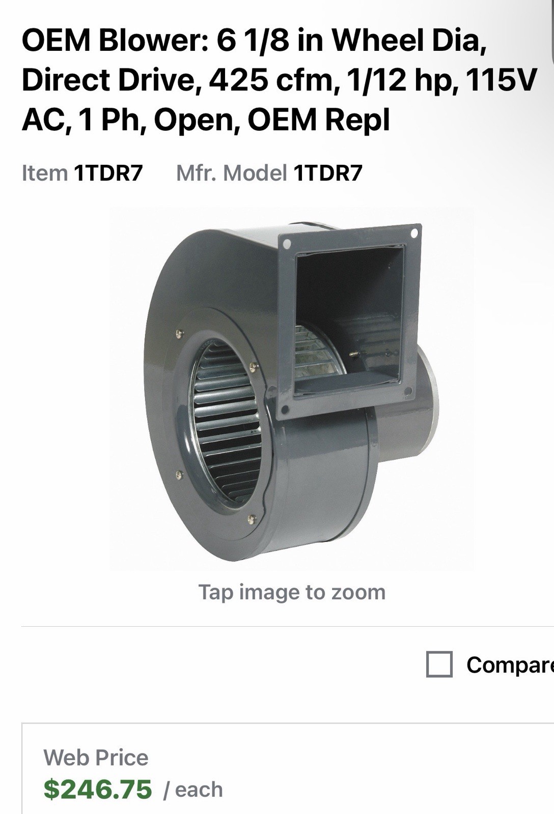 Dayton 1Tdt7 Oem Blower, Direct Drive, 6-1/4 In Wheel Dia, 542 Cfm, 115V Ac, 1
