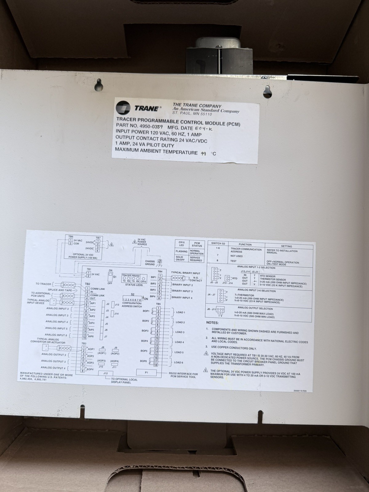 TRANE 4950-0359 TRACER PROGRAMMABLE CONTROL MODULE PCM
