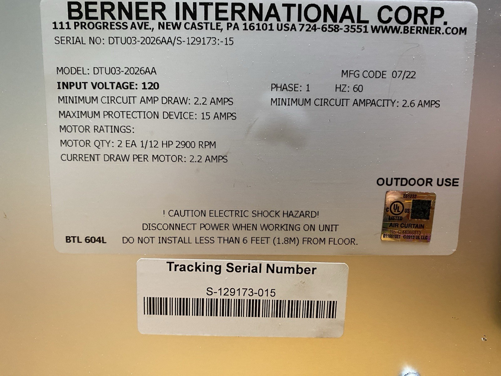 Berner Drive-Thru Air Curtain DTU03-2026AA 120V 1-Phase Corded Electric