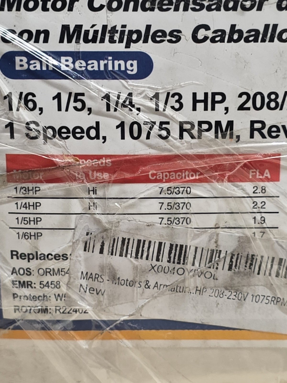 Mars 10458 The Wiz Condenser Motor 1/3-1/6HP 208-230V 1075RPM