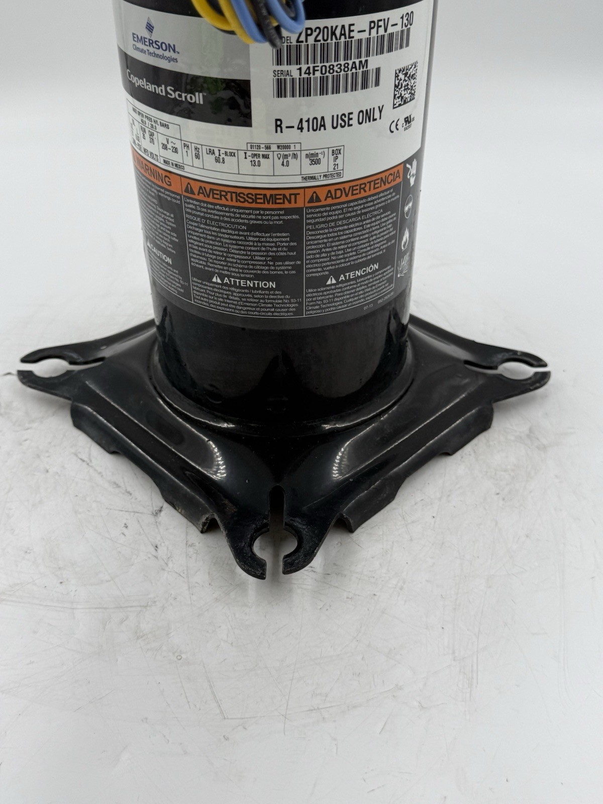 Copeland ZP20KAE-PFV-130 Scroll Compressor R410A 208/230V 1 PH used #A1-39
