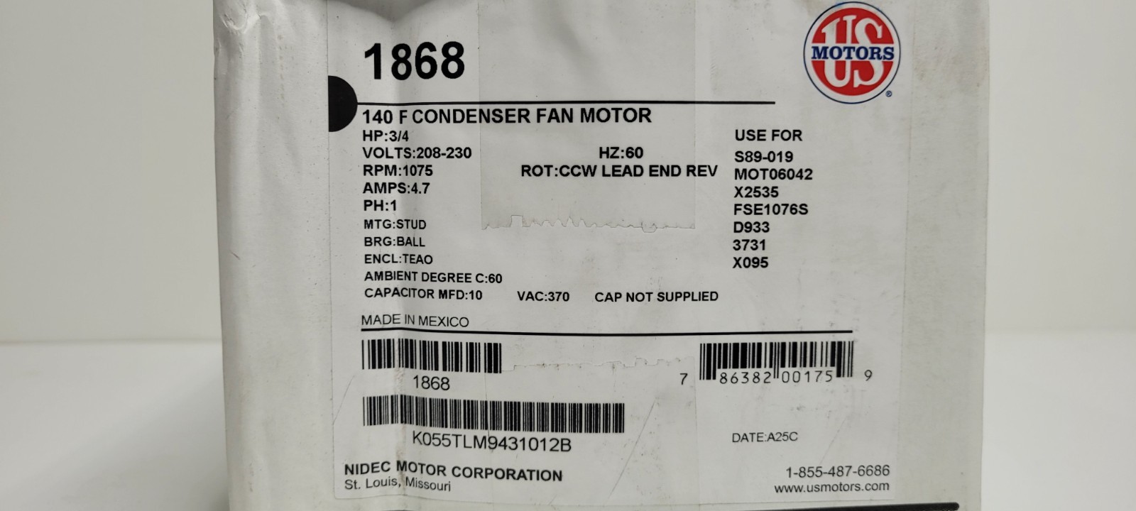 US Motors 1868, 3/4 HP Condenser Fan Motor 1075 RPM, 208-230V TEAO 1/2″ SHAFT