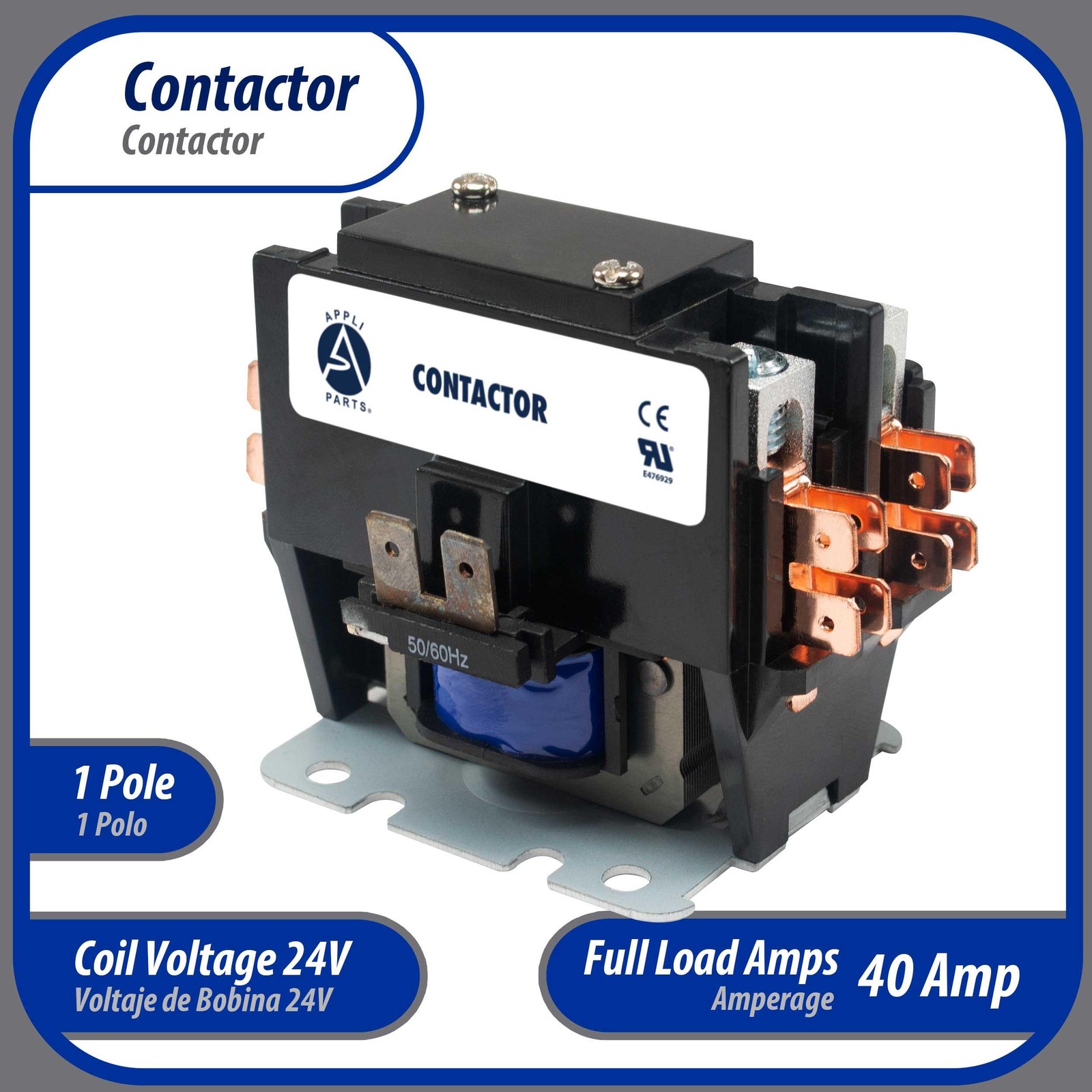 Appli Parts APAC-1S4024 Heavy Duty 1 Pole with Shunt Contactor 40 Amp 24 Volt Co