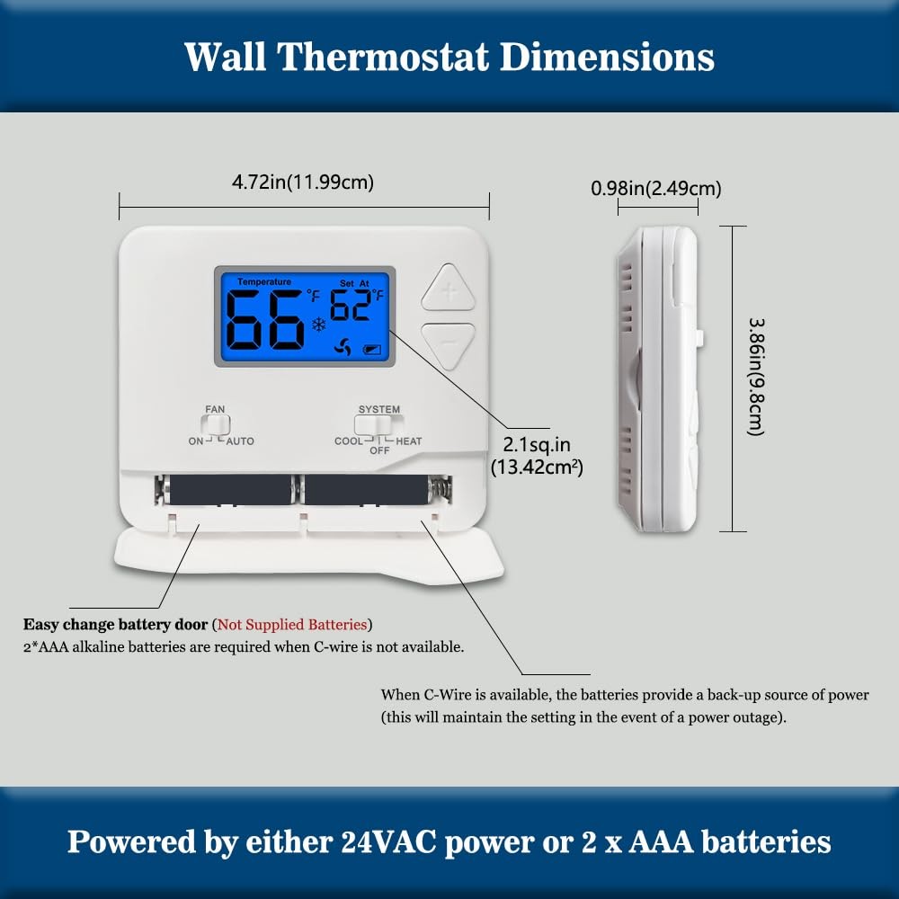 Non-Programmable Thermostat for Home 0.98″D x 4.72″W x 3.86″H, Blue