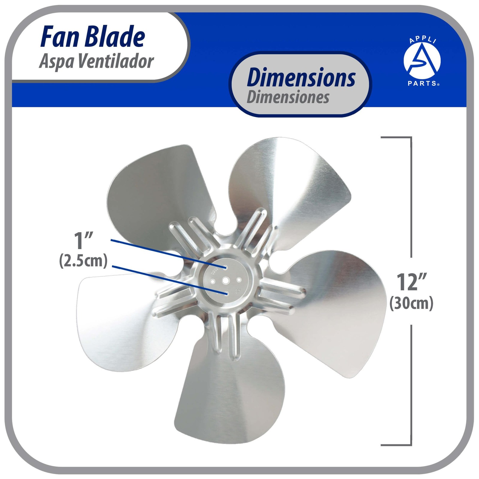 Appli Parts APFB-A12CCW Aluminum Fan Blade 12 in, 300 mm, CCW, 22 degrees, huble