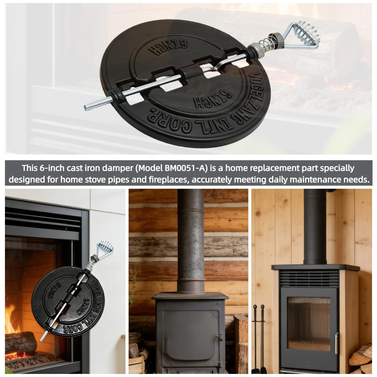 HXKDJ BM0051-A 6 Inch Cast Iron Stove Pipe Damper, Black Fireplace