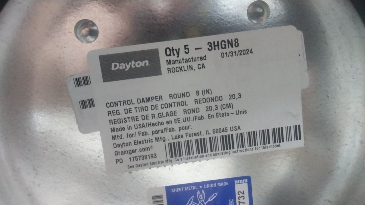 Dayton 3HGN8 8 In Duct Diameter 14 In Overall L Manual Control Damper