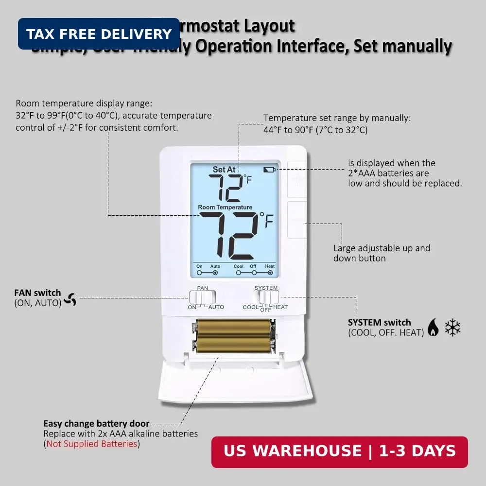 Thermostat for Home Non-Programmable Single-Stage Systems, 1 Heat/1 Cool, Easy D
