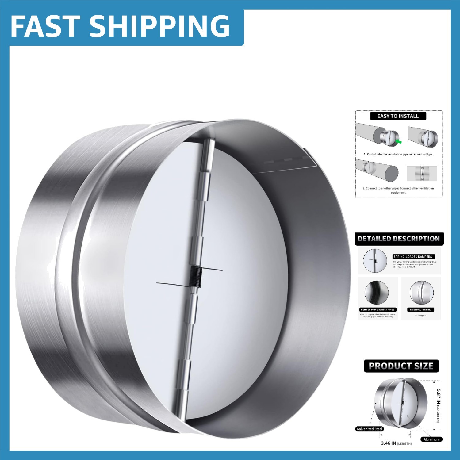 Galvanized Steel 6 Inch Backflow Vent Shutter for Superior Energy Efficiency