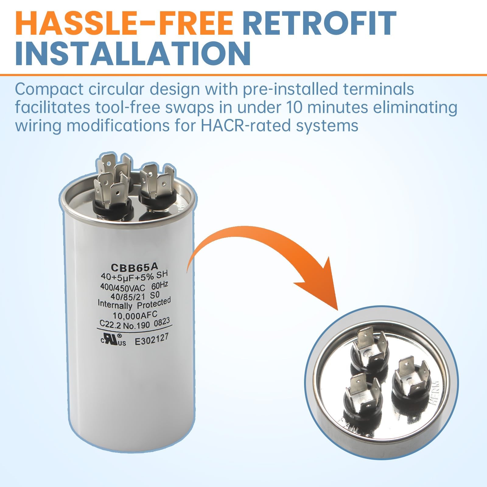 40 + 5 uF 40 + 5 MFD 440 VAC Dual Run Round Start Capacitor – Trane CPT00668…