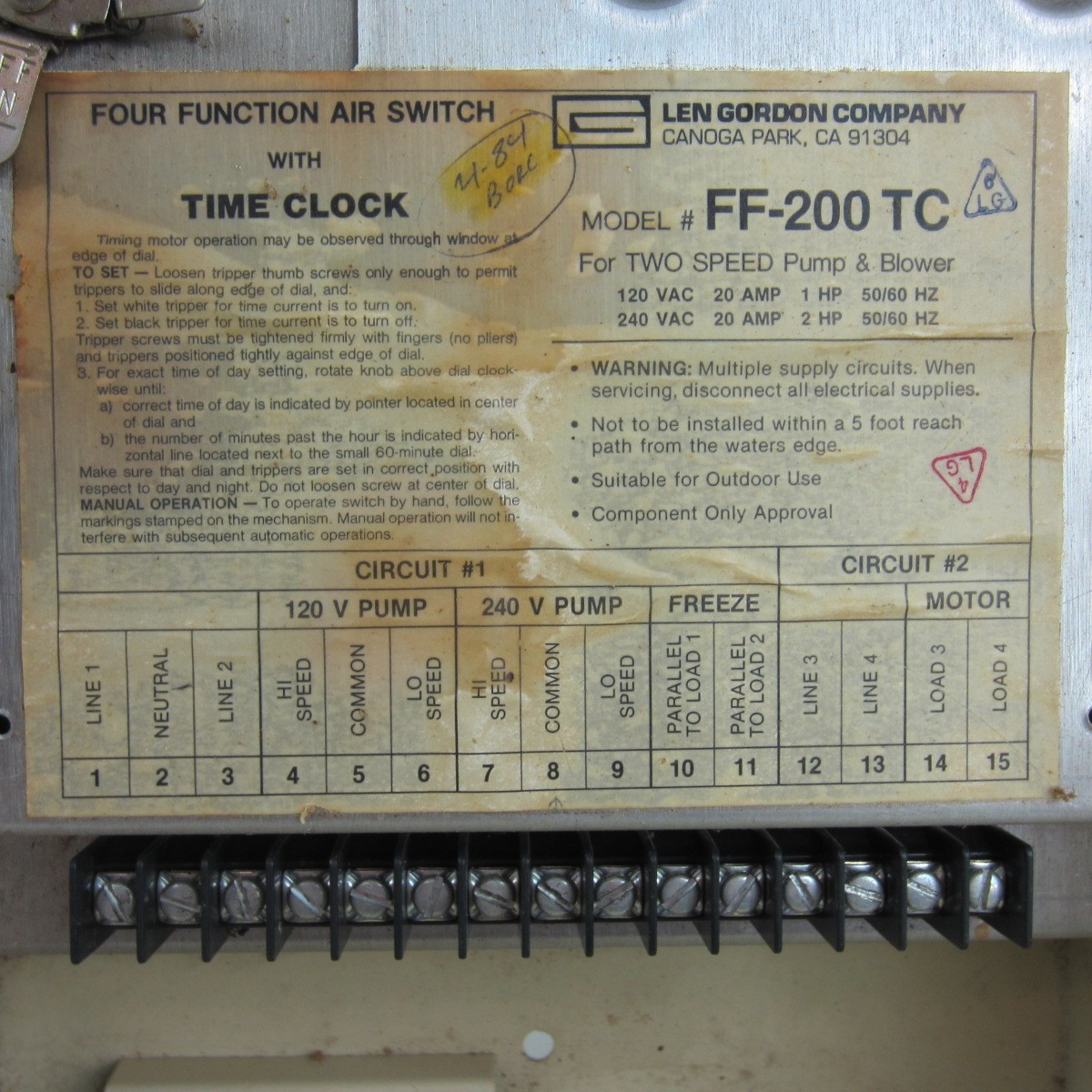 Len Gordon Company Four Function Air Switch with Time Clock FF-200 TC **USED**