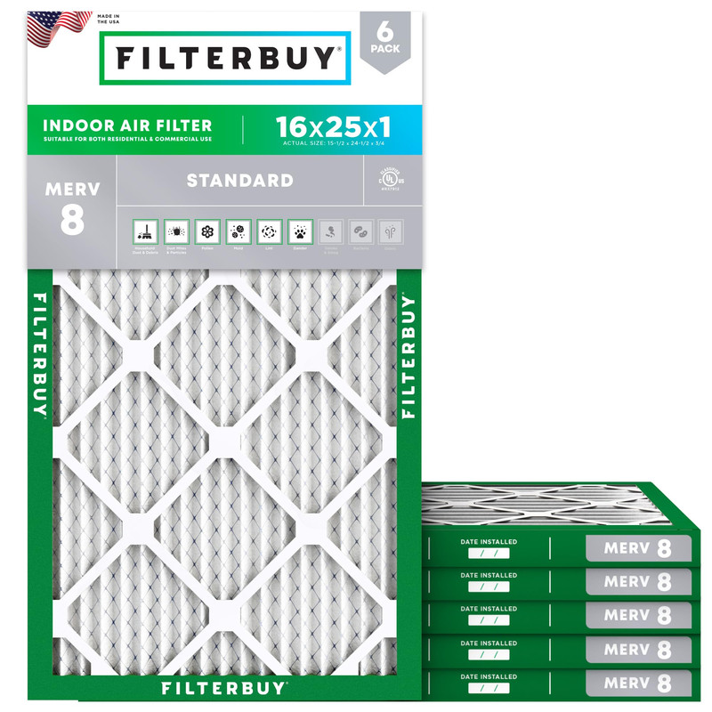 Filterbuy 16X25X1 Air Filter Merv 8 Essential Dust Allergy Defense 6-Pack