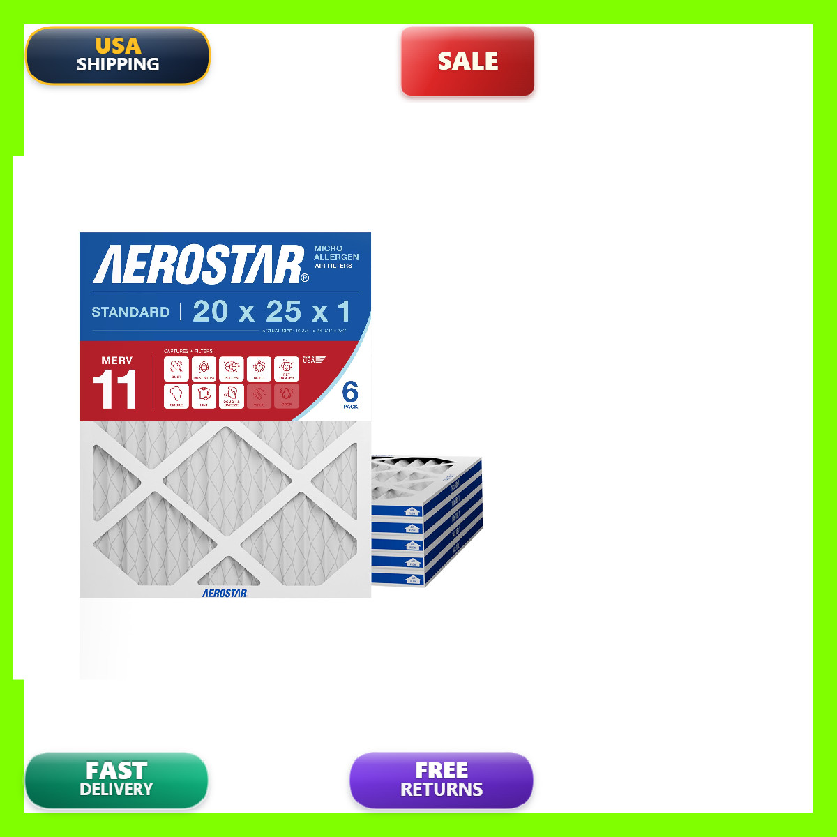 Aerostar 20X25X1 Merv 11 Air Filter 6 Count Actual Size 19.75 X 24.75 X 0.75