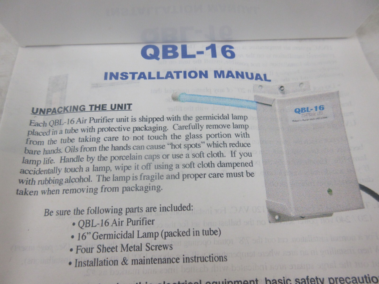 QUANTUM MODEL QBL-16 AIR PURIFIER W/ GERMICIDAL LAMP 120V