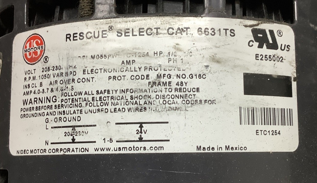 U.S. Motors 6631TS M055PWETC-1254 1/3-1/2HP 1050RPM Blower Motor (R108)