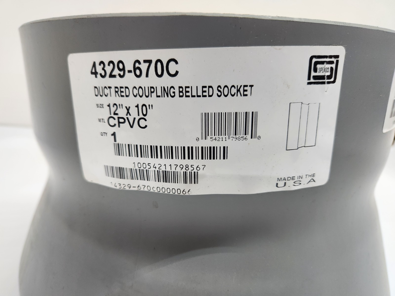 Spears 4329-670C 12″x10″ CPVC Exhaust Duct Reducer Coupling Belled Socket