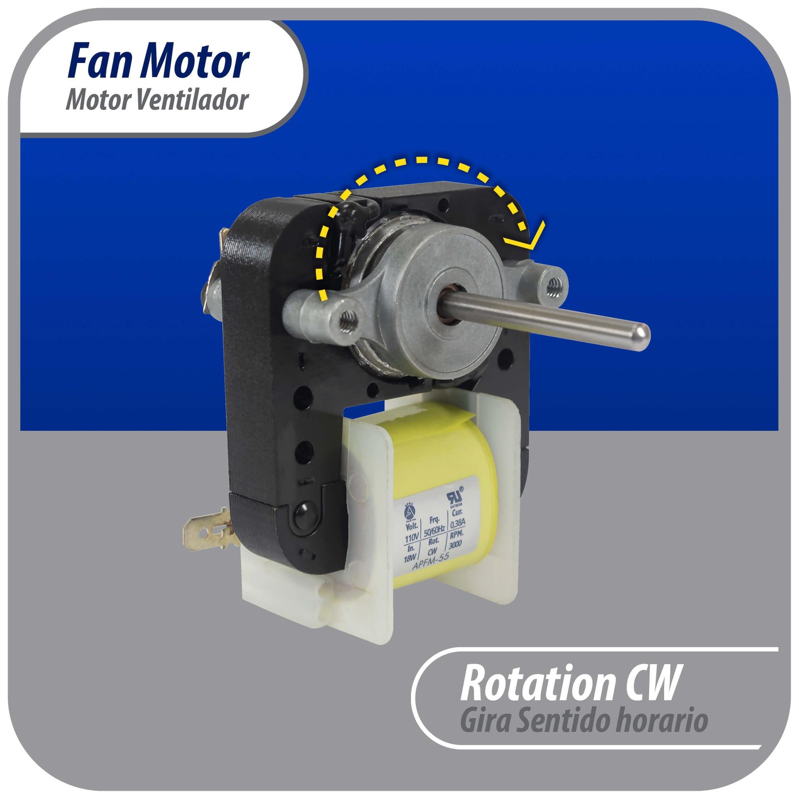 Appli Parts APFM-55 18 W Fan Motor, 110 V, 50/60 Hz, 0.38 A, 3000 rpm, CW rotati