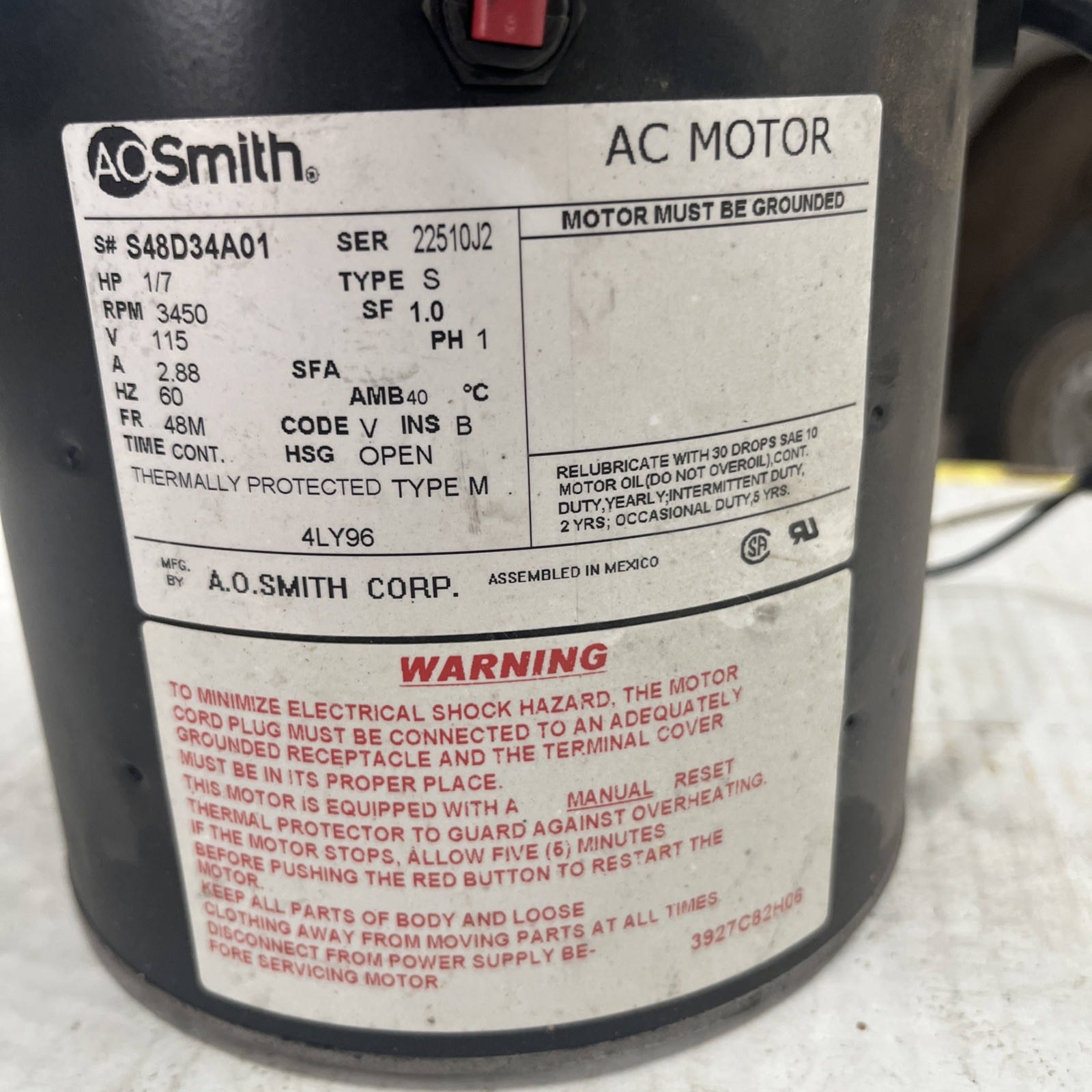 A.O. Smith F48J66A48 Condenser Motor 1/4 HP 850 RPM 208/230V 024-27596-000 (D2T1