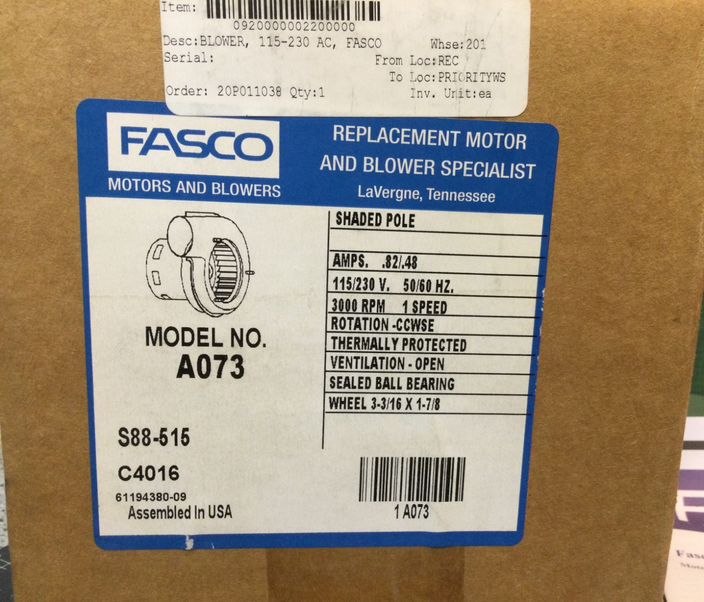 Fasco A073 Draft Inducer Blower Motor Assembly 115/230V 3000RPM 1/40HP New