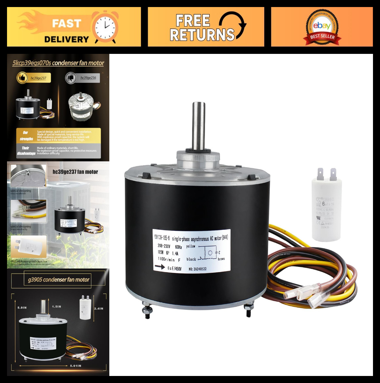 1/4 HP Condenser Fan Motor 1100 RPM 48 Frame 208-230V 1.4A for HVAC Systems