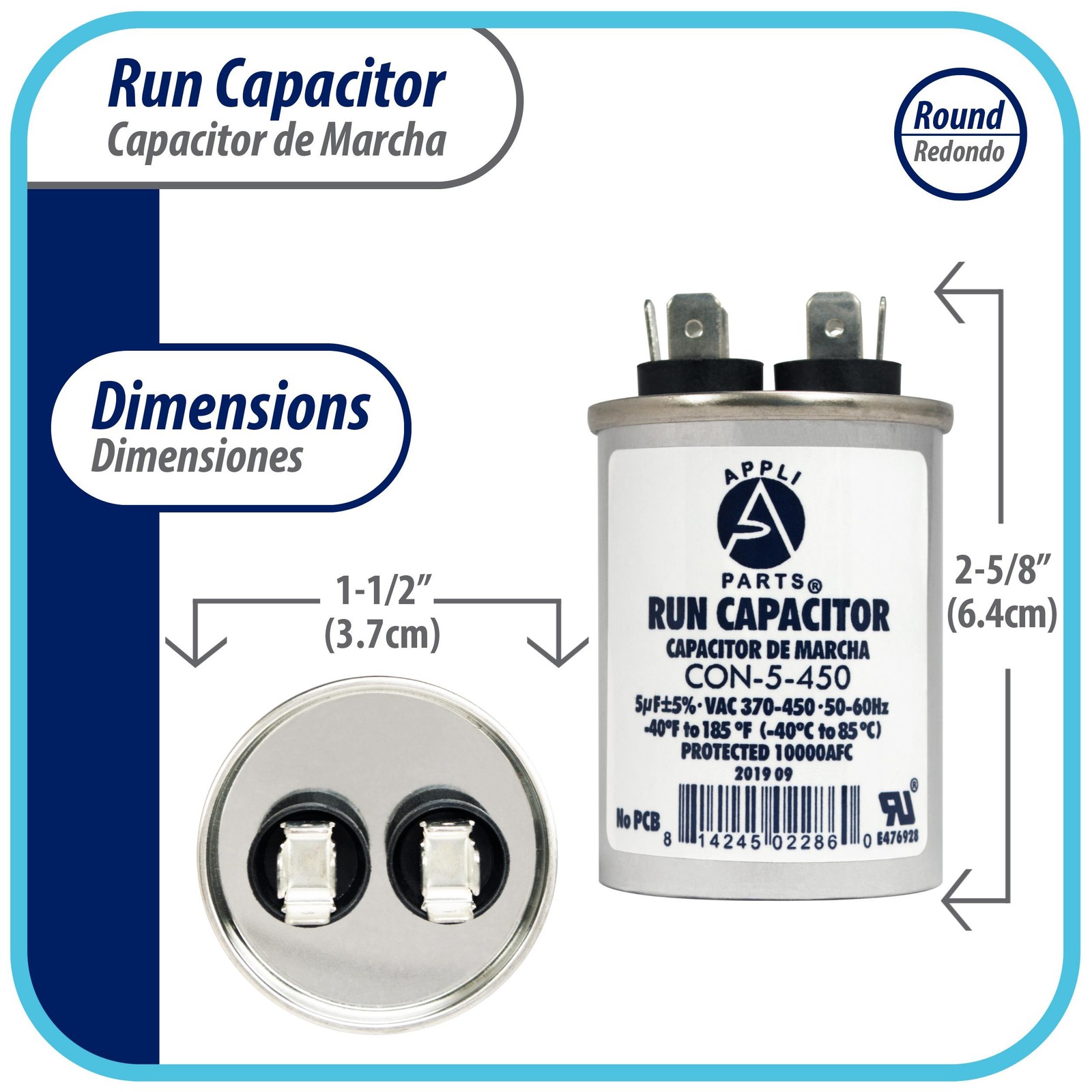 Appli Parts Run Capacitor for ac 5 Mfd uF (microfarads) 370 VAC or 450 VAC CBB65