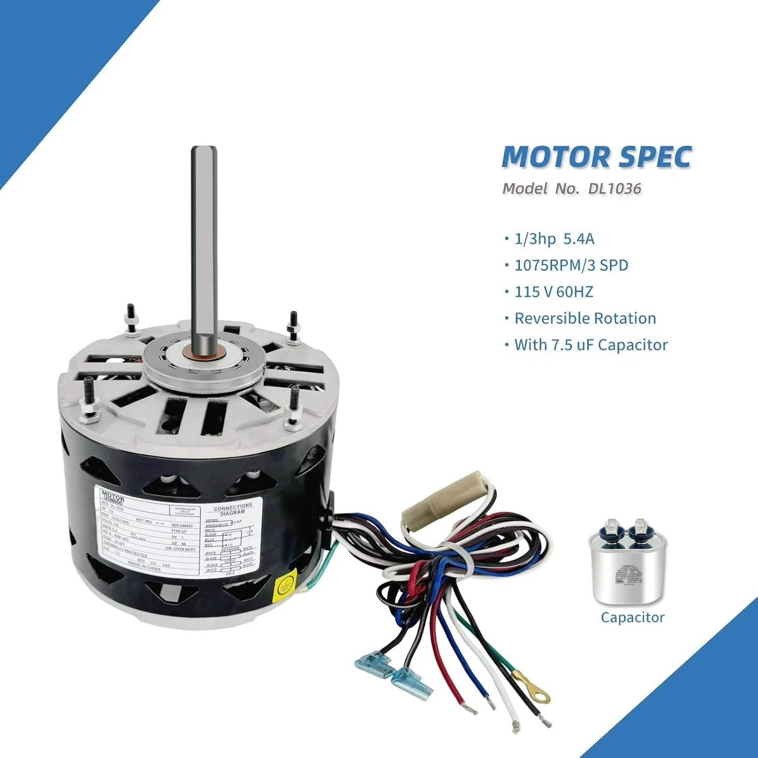 DL1036 Direct Drive Blower Motor 1/3HP 1075RPM 3-Speed 115V 4.9A 48 Frame Sleeve