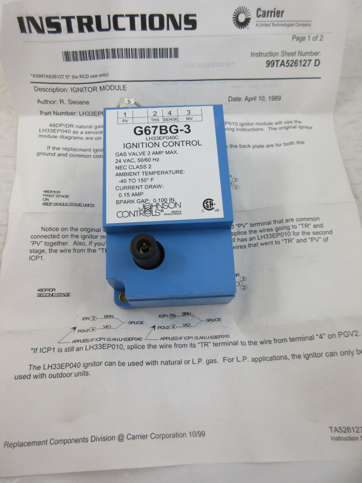 CARRIER BRYANT PAYNE LH33EP040 JOHNSON CONTROLS G67BG-3 SPARK IGNITER MODULE