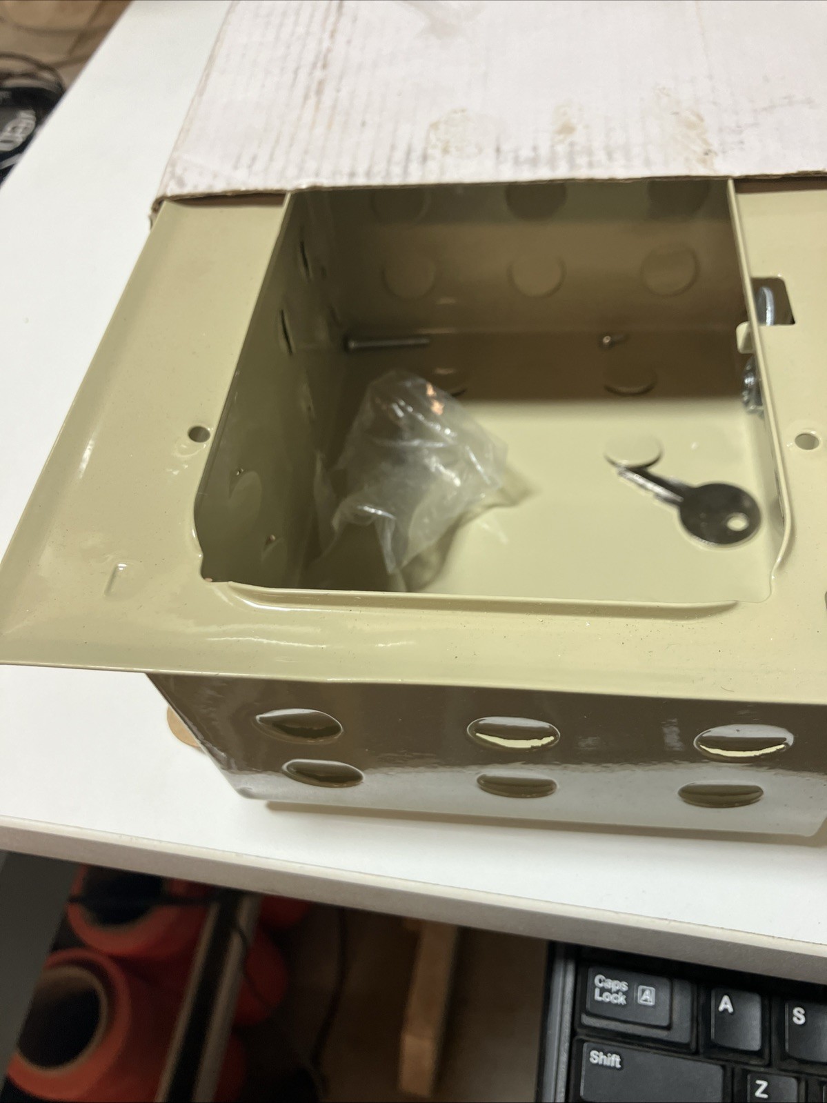 NEW White Rodgers F29-0193 Thermostat Guard, Beige Metal W/ Keyed Lock